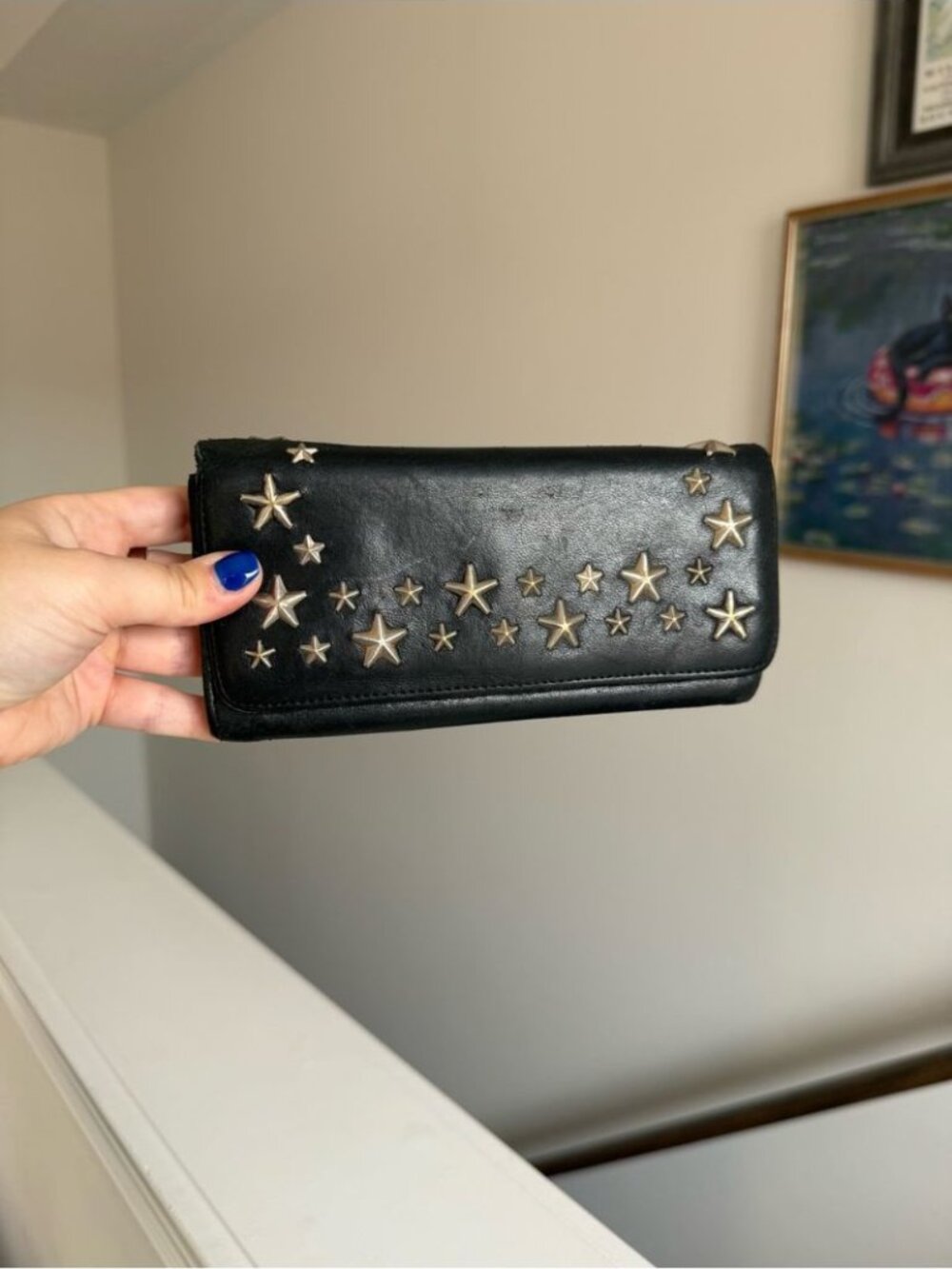 Jimmy Choo Bi-fold Long Wallet Star Studs Black Leather